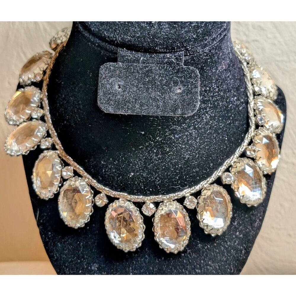 SCHREINER Rare New York Glass Cabochon & Silver Braided Chain Vintage Necklace